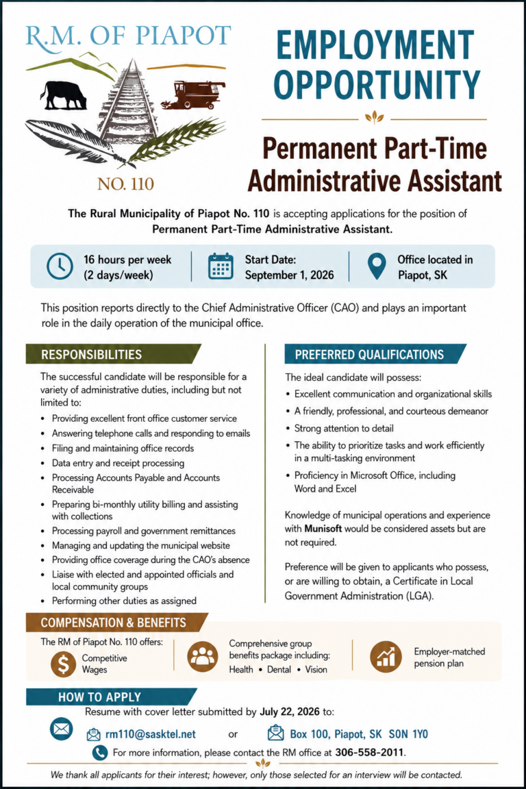Job Posting – RM of Piapot Administrative Assistant